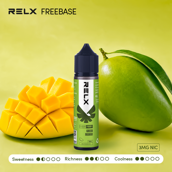 Shop RELX IDN Vape E-liquid Green Mango Order for Great Vaping Freebase 60mL 3mg Nicotine Most Popular E-cigarette Flavour Price Rp145000 Indonesia's Premier E-cig Product
