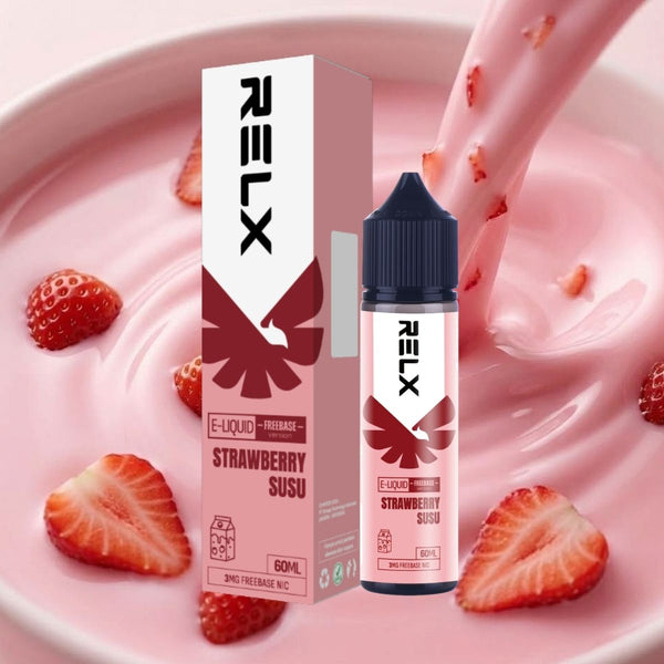 Shop RELX IDN Vape E-liquid Strawberry Susu Order for Great Vaping Freebase 60mL 3mg Nicotine Most Popular E-cigarette Flavour Price Rp145000 Indonesia's Premier E-cig Product
