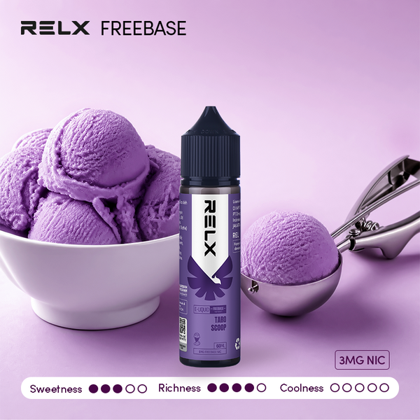 Shop RELX IDN Vape E-liquid Taro Scoop Order for Great Vaping Freebase 60mL 3mg Nicotine Most Popular E-cigarette Flavour Price Rp145000 Indonesia's Premier E-cig Product
