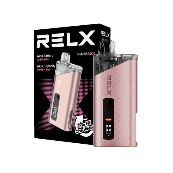 RELX Maxx Open System Bundle Kit Package and Device Light Pink Color includes MaxxGo 0.6ohm Pod and 10ml Refill Bottle Indonesia Best Open System Vape.
