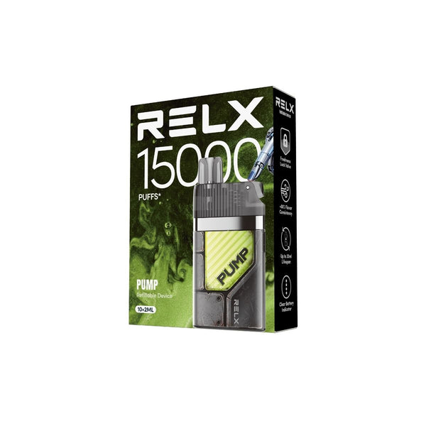 RELX Pump 15000 Indonesia Edition packaging box featuring Cyber Race flavor design with clear 15000 puff count and high-capacity open system branding.
