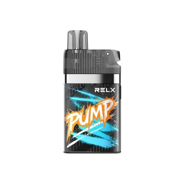 RELX Pump Drip open system device in Mech Rush Orange color featuring a 12ml transparent tank, 700mAh rechargeable battery, and 16W mesh coil output for flavor consistency.
