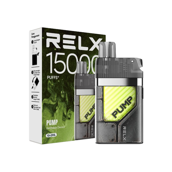 RELX Pump 15000 Starter Kit bundle including the Cyber Race device and its premium packaging, highlighting the "Press to Refill" mechanism and 30ml long-life atomizer span.
