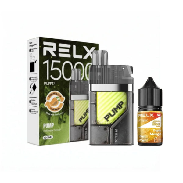 RELX Pump 15000 Starter Kit bundle including the Mech Rush device and its premium packaging, highlighting the "Press to Refill" mechanism and 30ml long-life atomizer span.

